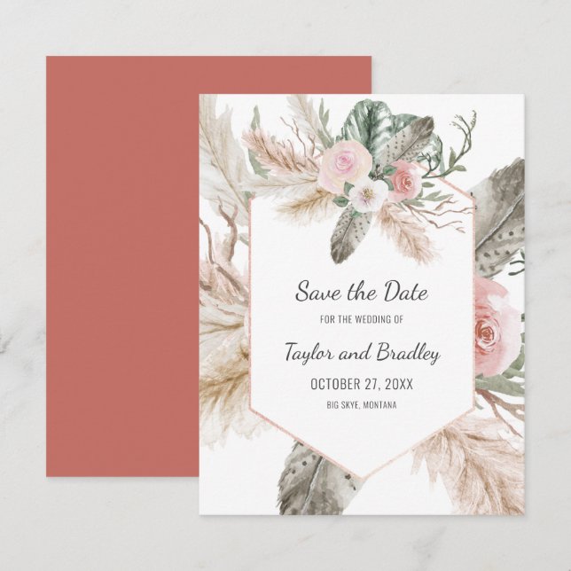 Save The Date Herbe des Pampas Fleur Tropicale, Plumes, Rustique (Devant / Derrière)