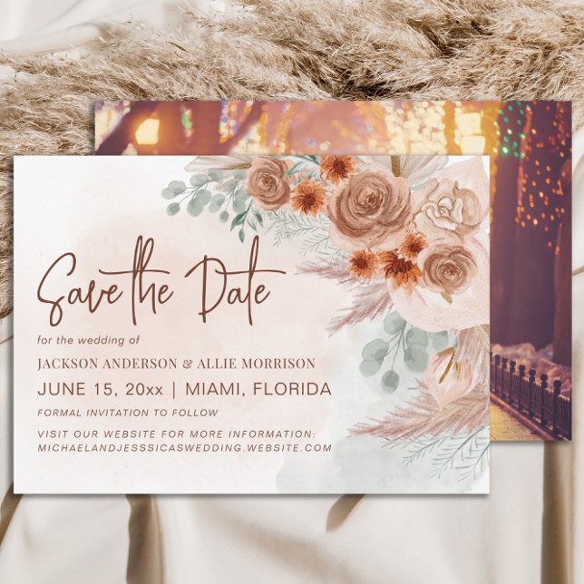 Save The Date Herbe des Pampas Rustique et Terre Cuite pour un M (Pampas grass wedding Save the Date photo card)