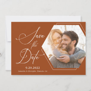 Save The Date Hexagon Modern Photo Script Terracotta