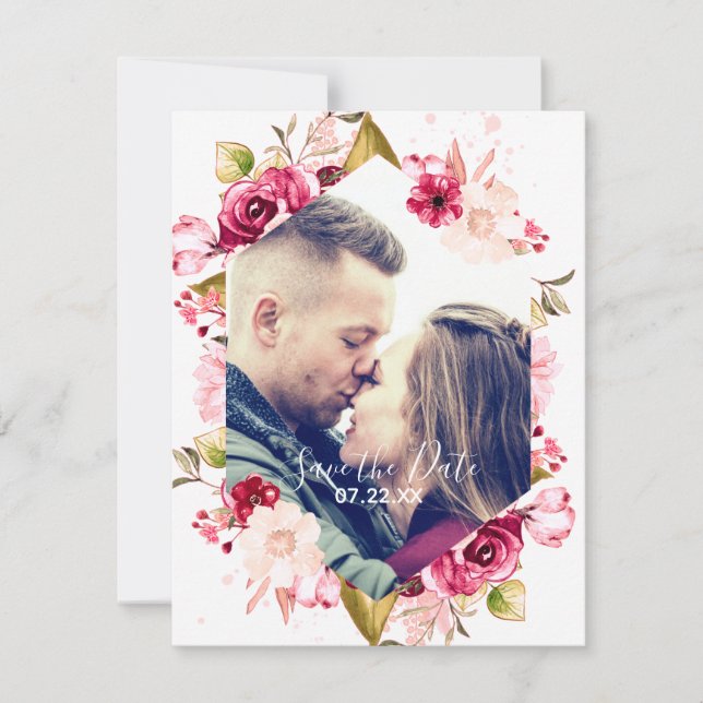 Save The Date Hexagon rose bordeaux et bleu Enregistrer la photo (Devant)