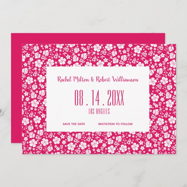 Save The Date Hibiscus Tropical Hot Pink Mariage (Devant / Derrière)