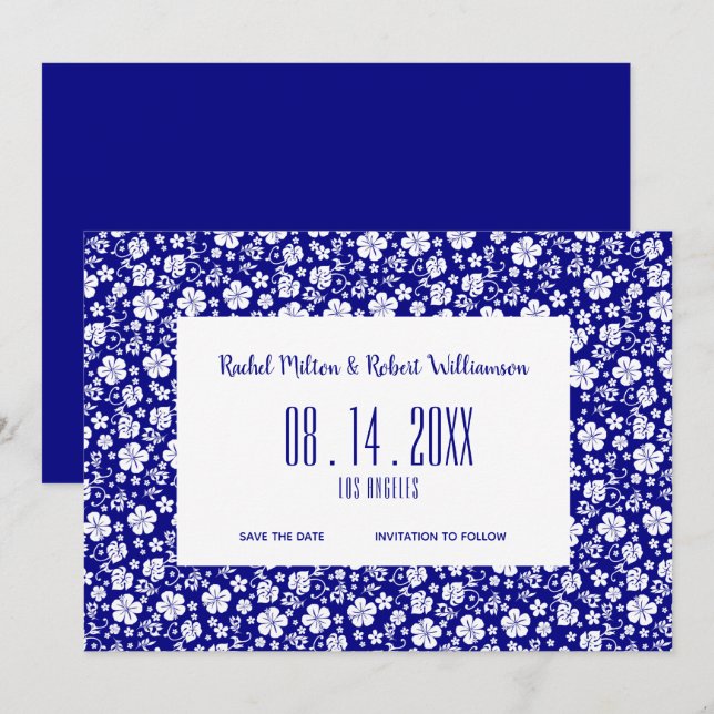Save The Date Hibiscus Tropical Navy Mariage bleu (Devant / Derrière)