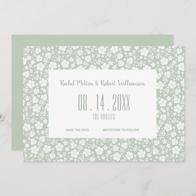 Save The Date Hibiscus Tropical Pale Green Mariage (Devant / Derrière)