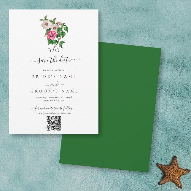 Save The Date Hibiscus Tropical Summer Mariage QR Code (Tropical Hibiscus Summer Wedding QR Code Save The Date)