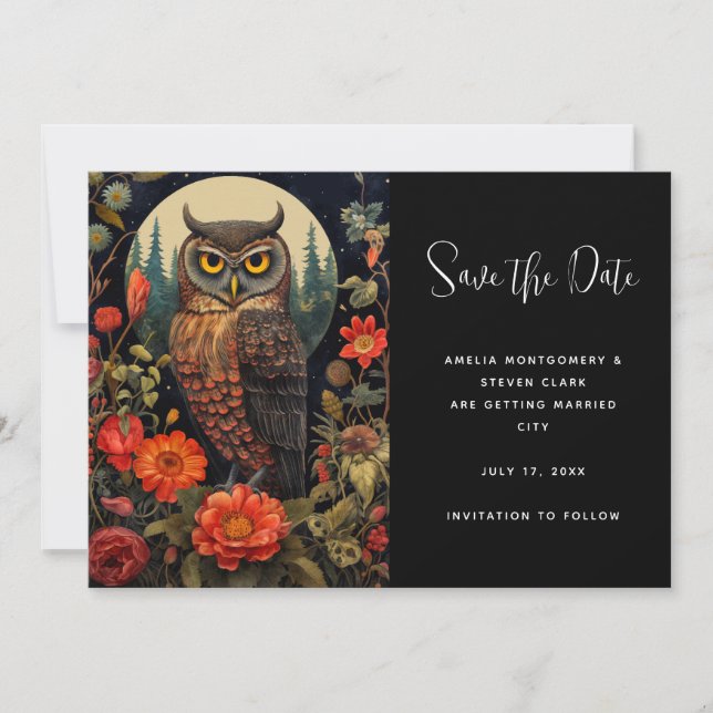 Save The Date Hibou à la nuit avec un Mariage de Pleine lune (Devant)