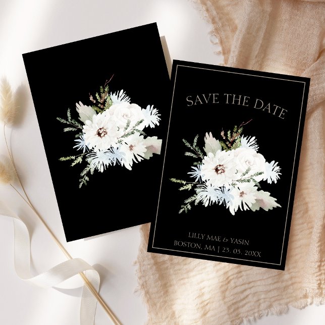 Save The Date Hiver Blanc Floral et Noir Mariage Noël (Winter White Floral and Black Christmas Wedding Save The Date)