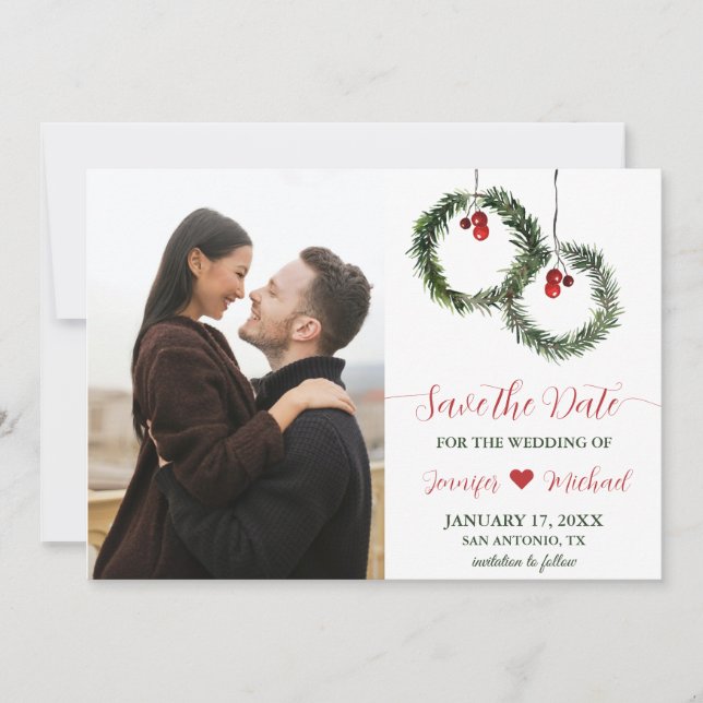 Save The Date Hiver Mariage Pin Wreath Holly Berries Photo (Devant)