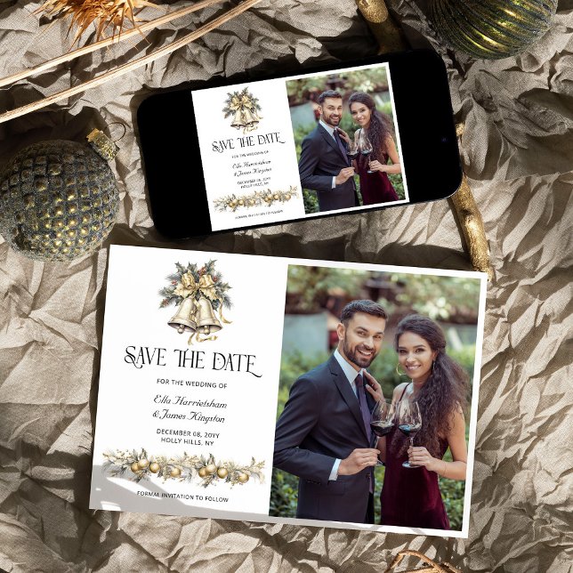 Save The Date Holly Bells Mariage de Noël Photo (Save the Date with Photo from the Holly Bells Wedding Collection by Darling & May)