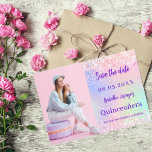 Save The Date Holographique rose violet photo Quinceanera<br><div class="desc">Un style moderne et élégant Save the Date pour une Quinceañera. Arrière - plan holographique,  rose,  violet vert menthe. Personnalisez et ajoutez une photo,  une date et un nom.</div>