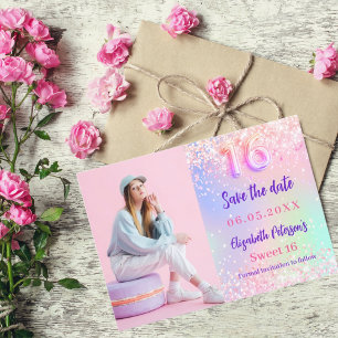 Save The Date Holographique rose violet photo Sweet 16