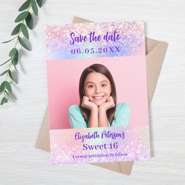Save The Date Holographique rose violet photo Sweet 16 (Créateur téléchargé)