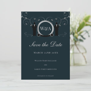 Save The Date Homme Mariage Silver Blue Monogram LGBTQ