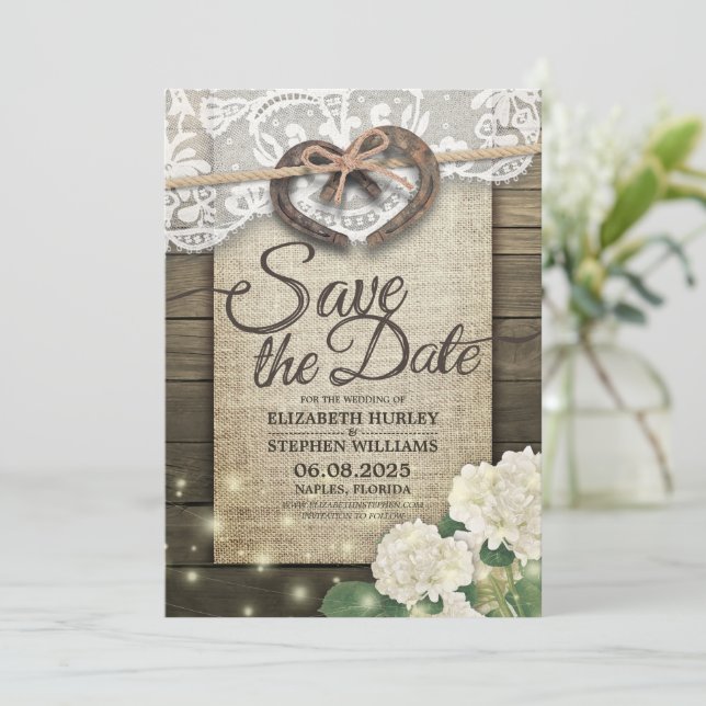 Save The Date Horseshoe Hydrangea Mariage campagnard Enregistrer (Debout devant)