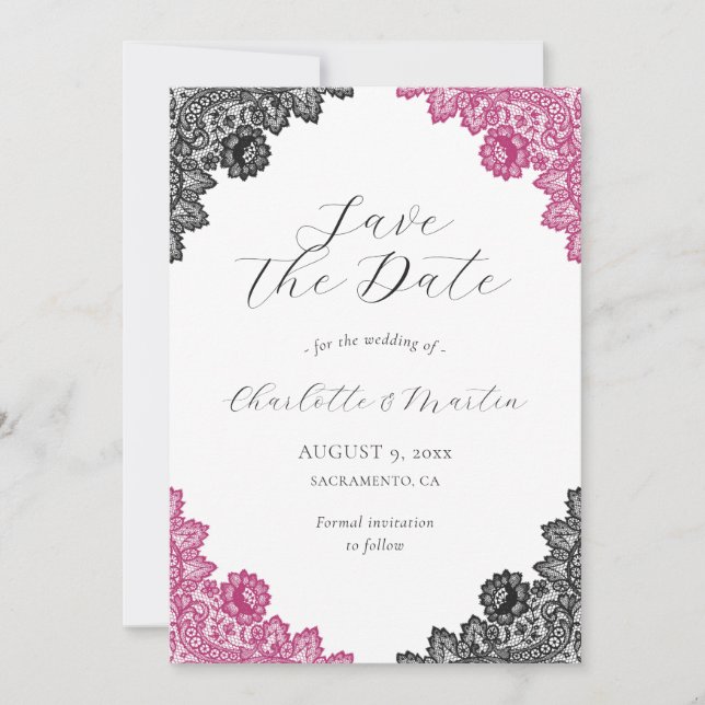 Save The Date Hot Pink and Black Floral Lace Wedding (Devant)