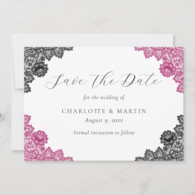 Save The Date Hot Pink and Black Floral Lace Wedding (Devant)