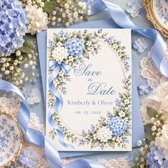 Save The Date Hydrangea Bleu Blanc Mariage Élégant  (Créateur téléchargé)