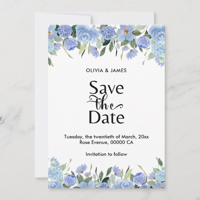 Save The Date Hydrangea Bleu Élégant (Devant)