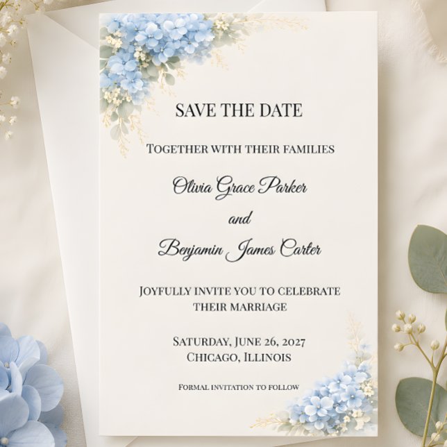 Save The Date Hydrangea Bleu Poussiéreux de Luxe (Part of the luxury dusty blue hydrangea wedding collection, save the date)