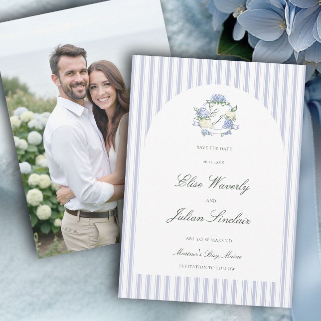 Save The Date Hydrangea Blue Stripes Arch Coastal Photo Wedding (hydrangea wedding save the date photo coastal cottagecore romantic garden formal elegant arch)