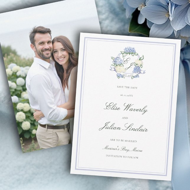 Save The Date Hydrangea Crest Mariage Formel Bleu Côté Photo (hydrangea wedding save the date photo coastal cottagecore romantic garden formal elegant traditional)
