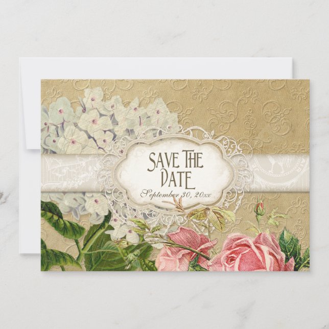 Save The Date Hydrangea et Roses teintées de thé en dentelle vin (Devant)