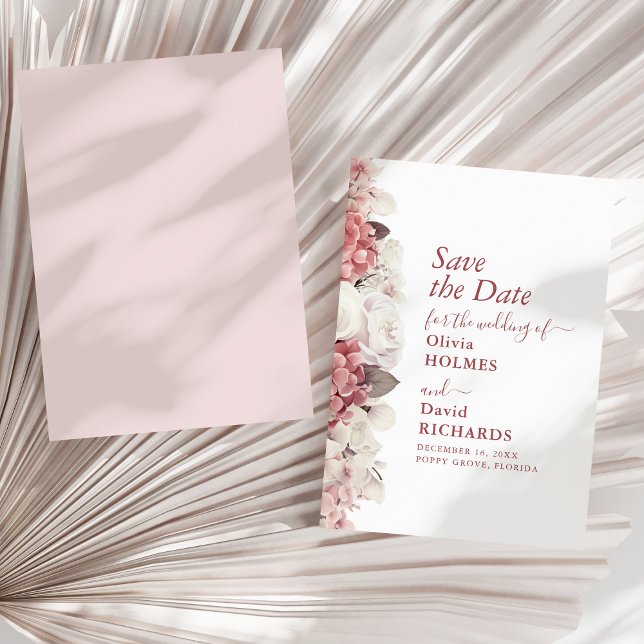 Save The Date Hydrangea Rose Poussiéreux Faire Part de Date de M (Boho Chic Dusty Rose Hydrangea Wedding Save The Date on a sunny neutral dry palm leaf.)