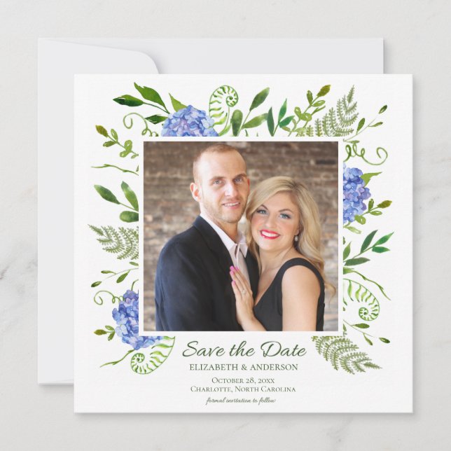 Save The Date Hydrangeas Bleus Aquarelle Florale Photo (Devant)