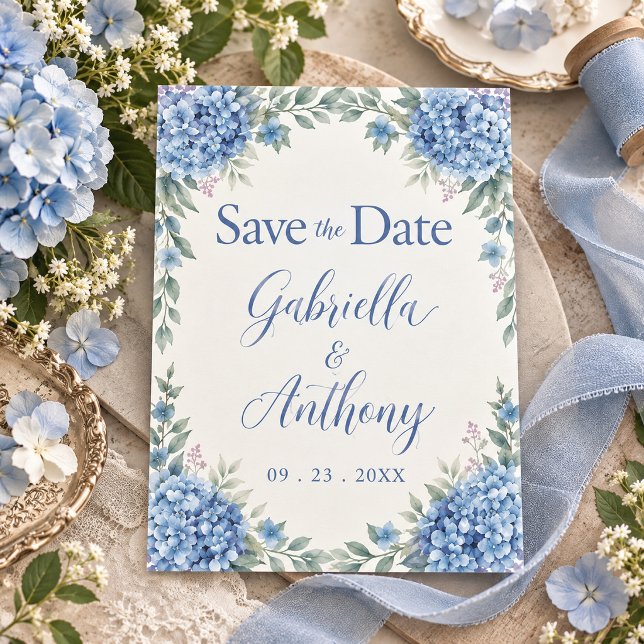 Save The Date Hydrangeas Bleus Écriture Florale Aquarelle (Créateur téléchargé)