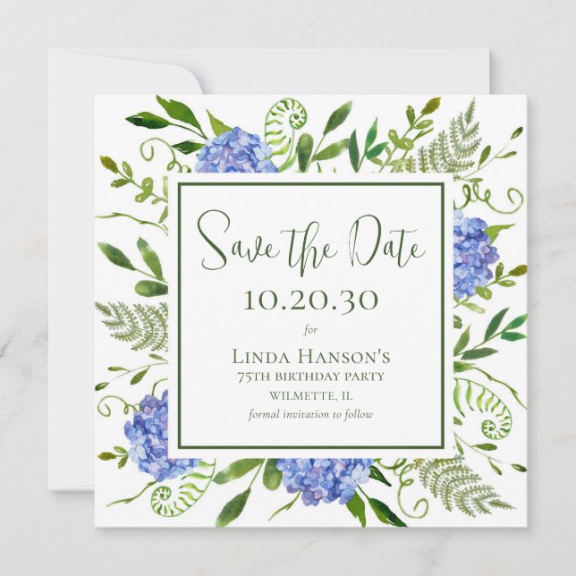 Save The Date Hydrangeas Bleus pour les 75 ans (Devant)