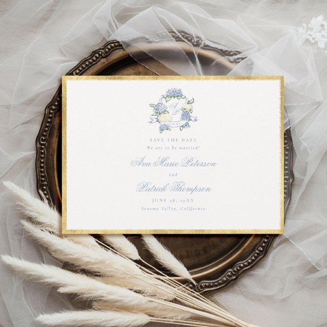 Save The Date Hydrangeas Crête Bleu Ivoire Cadre Doré Mariage (formal wedding save the date modern classic traditional frame hydrangea crest gold blue periwinkle )