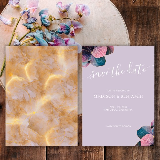 Save The Date Hydrangeas Élégantes Or Bleu Lavande Violet (Front and Back)