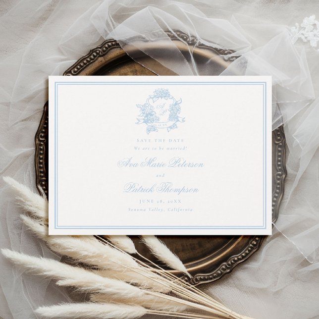 Save The Date Hydrangeas Formelles Crête Cadre Classique Bleu Ma (formal wedding save the date modern classic traditional frame hydrangea crest blue periwinkle )