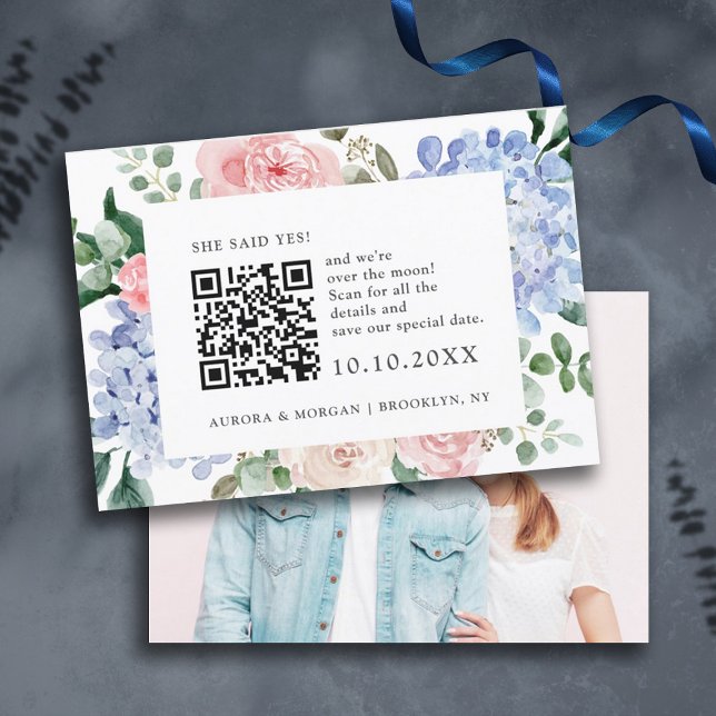 Save The Date Hydrangées bleu outrepassé rose pastel Photo Code  (Dusty blue powder pink hydrangea photo QR code save the date card)