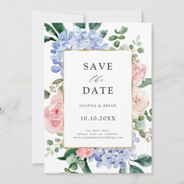Save The Date Hydrangées bleu pâle rose pastel mariage (Devant)