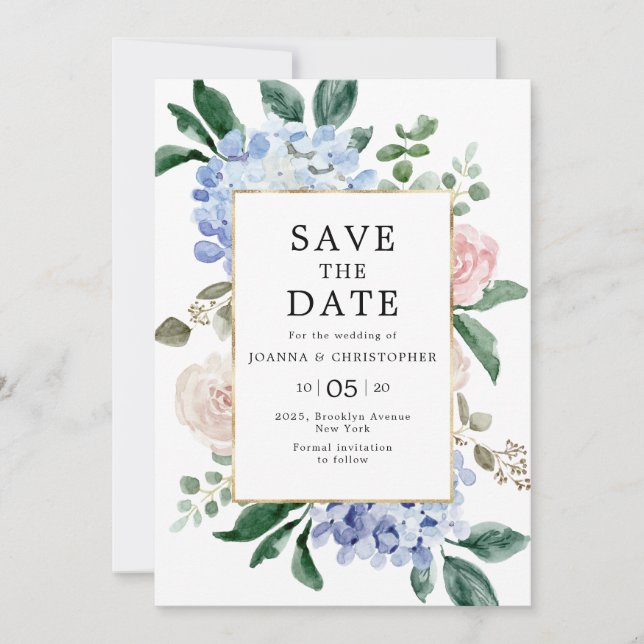 Save The Date Hydrangées bleu pâle rose pastel mariage (Devant)