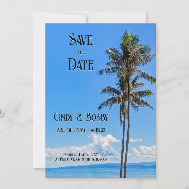Save The Date Île tropicale, palmiers, mers bleues, mariage Sa (Devant)