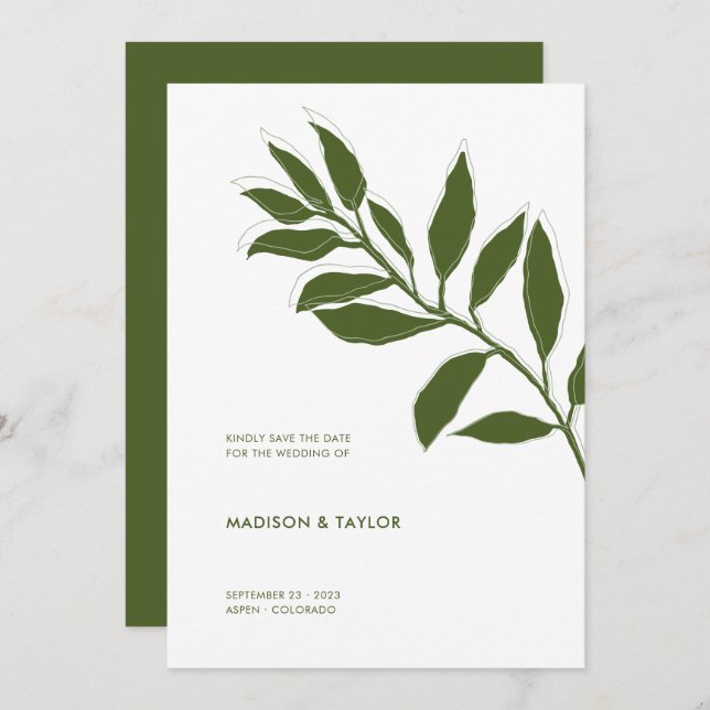 Save The Date Illustration botanique moderne Moss Green Two Tone (Devant / Derrière)