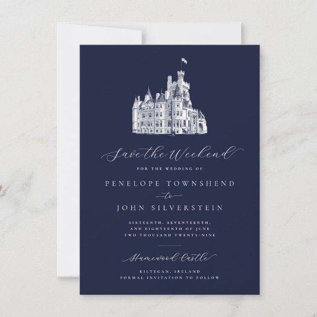 Save The Date Illustration de château bleu marine Week-end de ma (Devant)