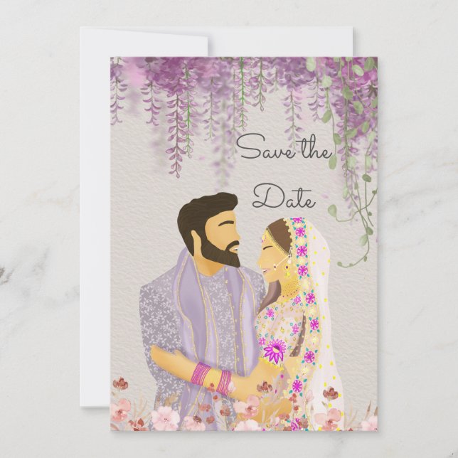 Save The Date Illustration de couple indien Lilac Delight (Devant)