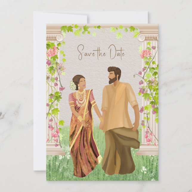 Save The Date Illustration De Couple Mariage Tamoul Enregistrer  (Devant)