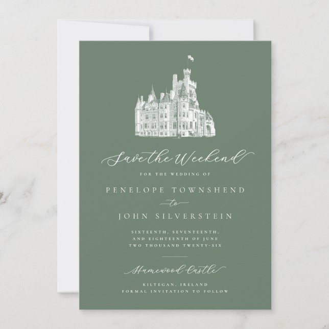 Save The Date Illustration du château de Sage Green Mariage du w (Devant)