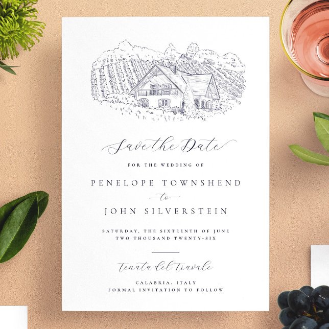 Save The Date Illustration élégante de vignoble pour mariage de  (Elegant Vineyard Illustration Destination Wedding Save The Date)