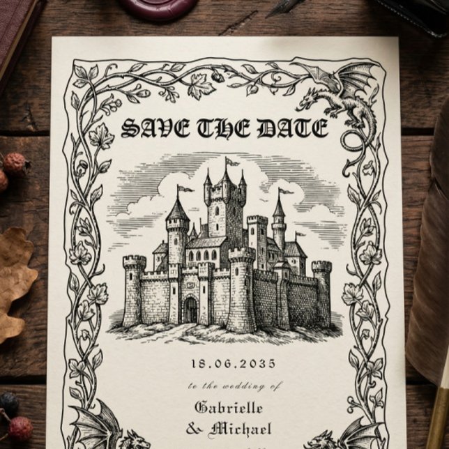 Save The Date Illustration en noir et blanc d'un château médiéva (Créateur téléchargé)