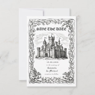 Save The Date Illustration en noir et blanc d'un château médiéva