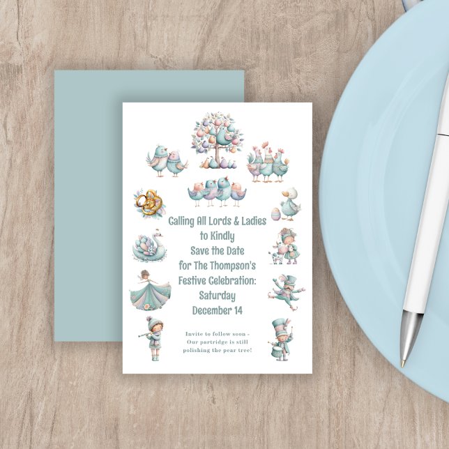 Save The Date Illustration lunaire 12 jours de Noël (Front and back view)