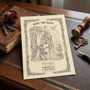 Save The Date Illustration médiévale en sépia Mariage de conte d