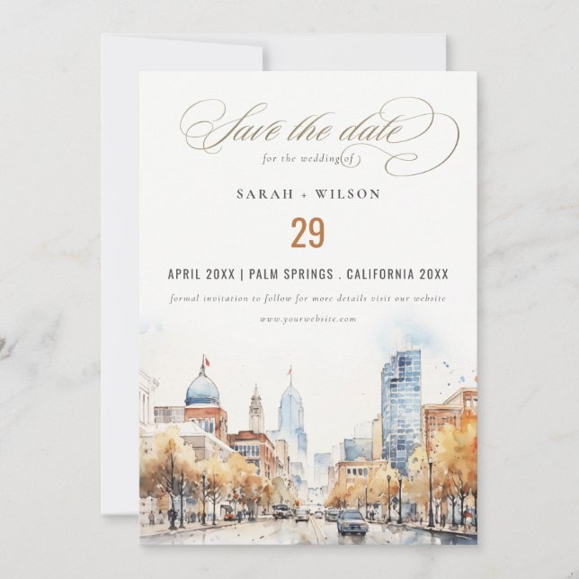 Save The Date Indianapolis, Indiana Watercolor Landscape Wedding (Devant)