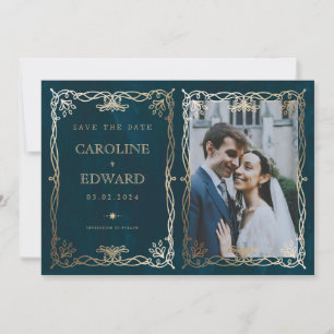 Save The Date Indigo Medieval Gold Ivy Photo Code QR