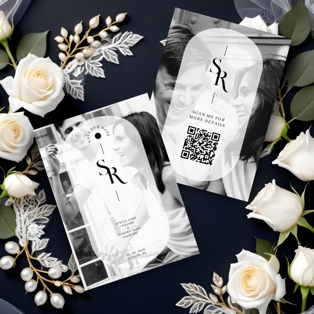 Save The Date Initiales blanches noires de transparence de vélin (Exquisite Delicate Vellum Transparency Elegant Black & White Wedding Initials 2 Photos Save the Date)