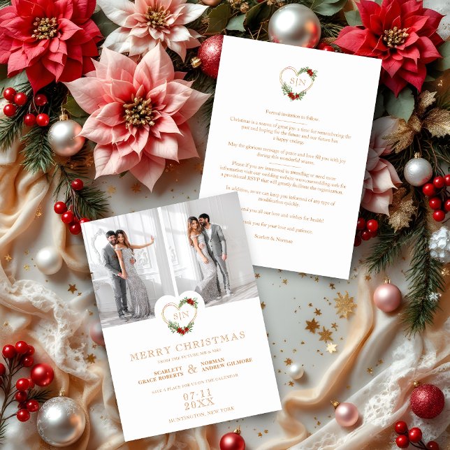 Save The Date Initiales de Luxe Fleur de Noël Cœur 2 Photos (Luxury Initials Elegant Floral Christmas Heart 2 Photos Wedding Save the Date Holidays Cards.)